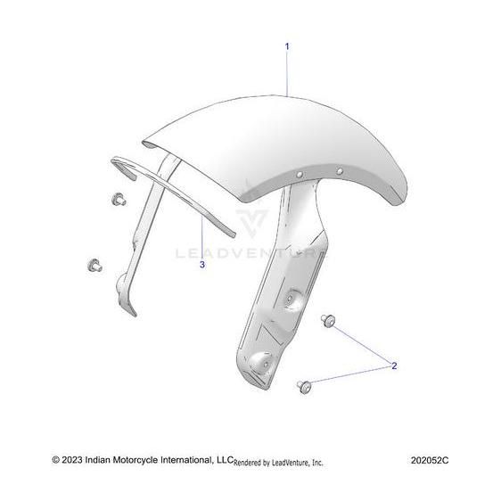 Line drawing of a Fender Front 101 Onyxblk | [Intl Only] [Black Metallic] by Polaris with mounting brackets and screws, showing numbered parts—ideal for those seeking genuine Indian Motorcycle OEM components.