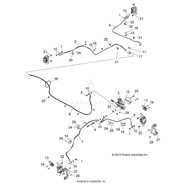 An Image of a Genuine Polaris Parts Schematic Diagram showing the schematic - BRAKES: BRAKE LINES AND MASTER CYLINDER - 2018 POLARIS RZR S 1000 EPS