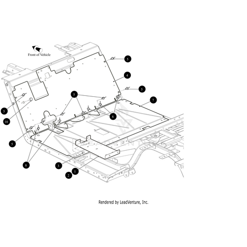 Line drawing of a vehicle floor panel with labeled parts, including bolts, panels, the Arctic Cat Battery Tray Bracket W/Ecoat/Pcoat Left, and attachment points. Arrows and numbers show OEM Arctic Cat part locations in the vehicle frame.