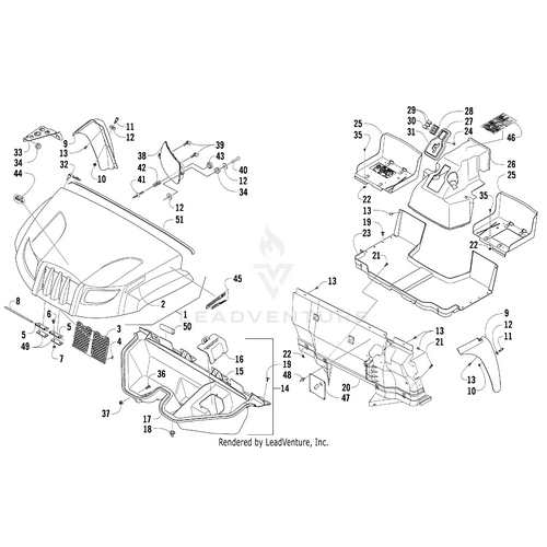 Exploded diagram of a vehicle’s front body assembly with labeled parts like hood, grille, headlights, and bumper. Find OEM Arctic Cat parts, including the Decal - Right by Arctic Cat, at Witchdoctors.com.