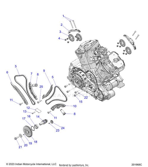 Exploded diagram of a motorcycle engine timing system with labeled parts, including the Chain Cam Silent 6.35 Pitch by Polaris, guides, sprockets, tensioners, and engine block—each component is numbered for easy identification.