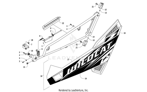 Exploded diagram with numbered parts of the Door W/Decals - Left - Red (Inc. 17-19) by Arctic Cat, including frame, hardware, and bold WILDCAT graphic—perfect for OEM part identification at Witchdoctors.com.