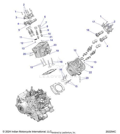 Exploded diagram of a motorcycle engine with parts labeled by number, including the Camshaft Exhaust 999 by Polaris, OEM components, engine block, pistons, valves, gaskets, bolts, and more for assembly reference.