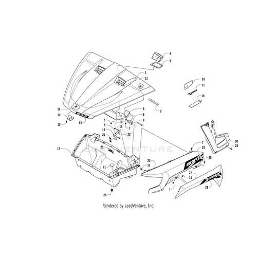 Exploded diagram showing labeled outer panels and components of an Arctic Cat Wildcat, including the Inner Front Decal-Side-Right-Green by Arctic Cat with item numbers for each part.
