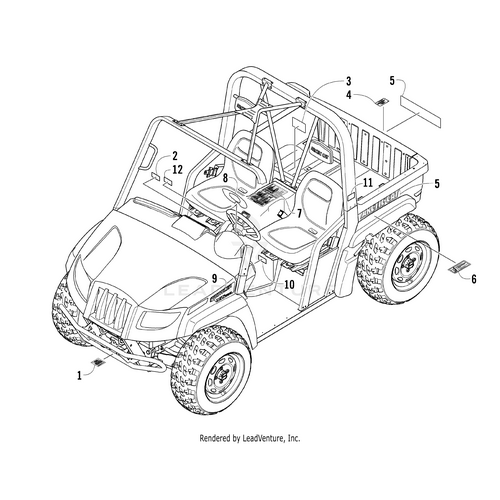 Line drawing of an off-road utility vehicle with labeled parts, including the Hood Decal - Right by Arctic Cat. Arrows and numbers mark specific components. Find replacement parts at Witchdoctors.com.