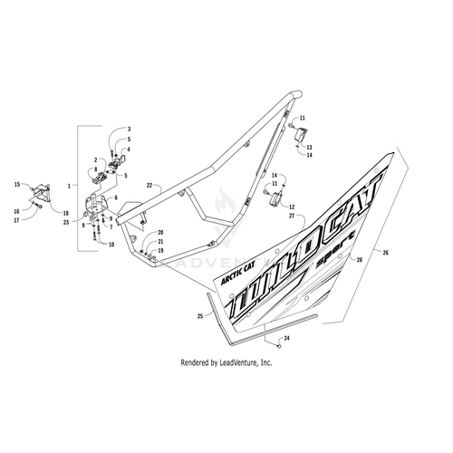 Exploded diagram of Door W/Decals - Left (Inc. 27-28) by Arctic Cat, showing labeled OEM parts like bolts, brackets, and the panel with decals—ideal UTV door assembly reference.