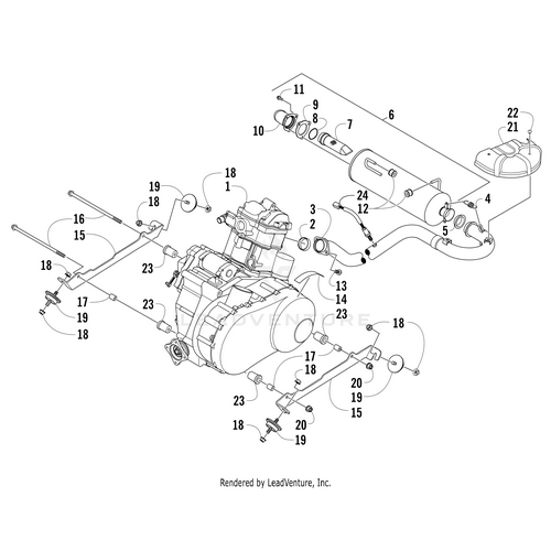 Exploded diagram of an engine assembly displays numbered parts—including the engine block, rods, bolts, and Exhaust Pipe by Arctic Cat—shown separated and labeled for easy identification of OEM Arctic Cat components.