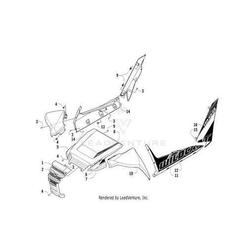 Exploded diagram of vehicle body panels identifies parts like side panels, front panel, hood, windscreen, and the Hood Decal Upper Wc Wht Left by Arctic Cat. Each OEM Arctic Cat part is labeled and numbered for easy reference.
