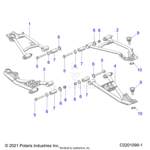 An Image of a Genuine Polaris Parts Schematic Diagram showing the schematic - SUSPENSION: FRONT CONTROL ARMS - 2024 POLARIS RZR 200 EVAP