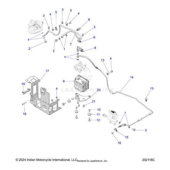Technical diagram displays numbered motorcycle parts—hoses, brackets, bolts, connectors—including the Line Brake Rmc Abs by Polaris. All components are clearly labeled and shown with connecting lines for easy assembly reference.
