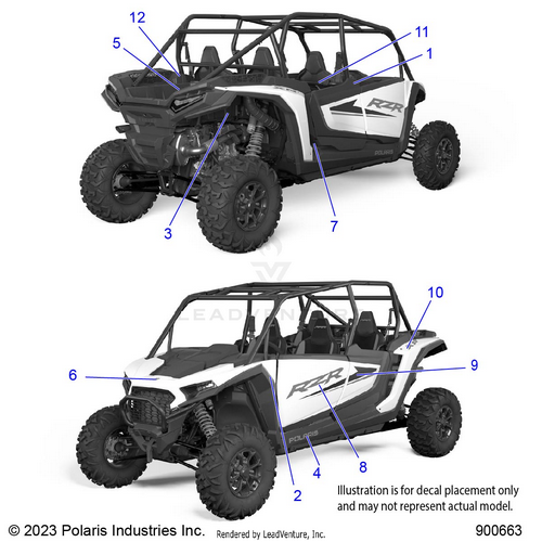 An Image of a Genuine Polaris Parts Schematic Diagram showing the schematic - BODY: DECALS - 2024 POLARIS RZR XP 4 1000 SPORT