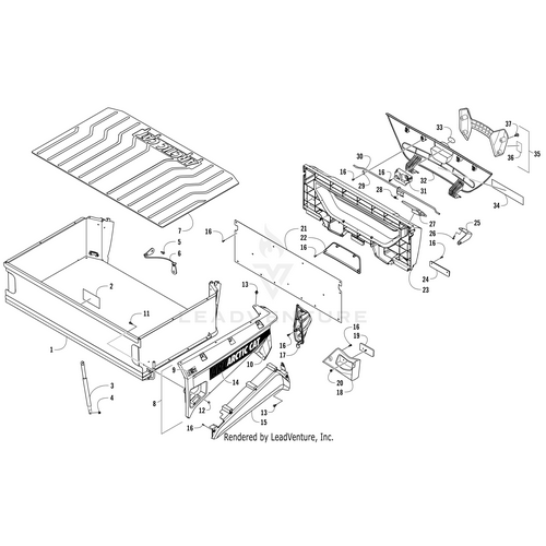 Exploded diagram of a pickup truck tailgate assembly, highlighting parts such as the panel, handle, hinges, and bolts—perfect for finding OEM Arctic Cat parts or applying your Tailgate Logo Decal by Arctic Cat on your UTV.
