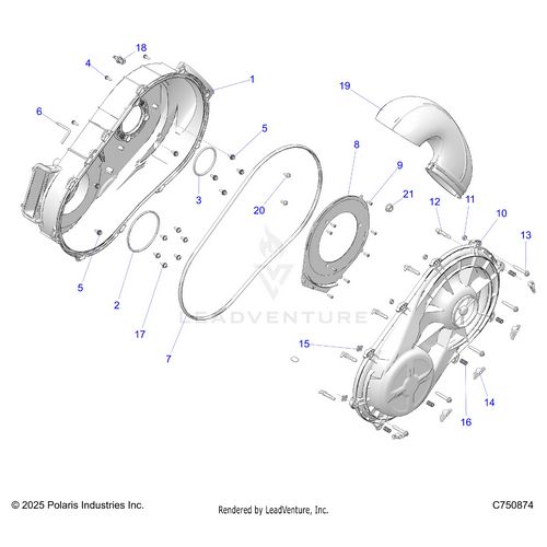 An Image of a Genuine Polaris Parts Schematic Diagram showing the schematic - DRIVE TRAIN: CLUTCH COVER INNER/OUTER - 2025 POLARIS RZR PRO R RACE