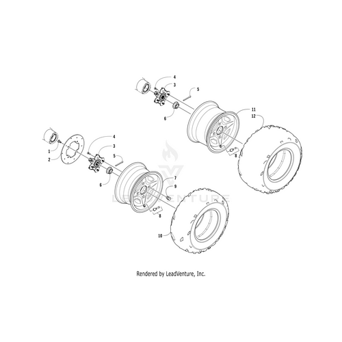 Exploded diagram of two UTV ATV assemblies featuring Steel Wheel-Painted Black (12x6.0) by Arctic Cat, tires, hubs, fasteners, and numbered labels to identify each part and their assembly order.