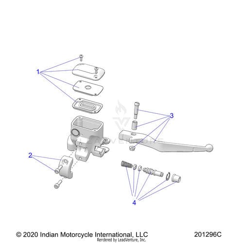 Exploded diagram of Master Cylinder Front 12.7mm 1in Black Lvr (Incl. 1-4) by Polaris, showing lever, screws, plates, and labeled OEM parts with arrows indicating assembly order.