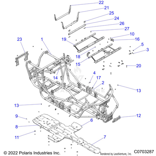 An Image of a Genuine Polaris Parts Schematic Diagram showing the schematic - CHASSIS: MAIN FRAME AND SKID PLATES - 2022 POLARIS RZR XP 4 1000 PREMIUM