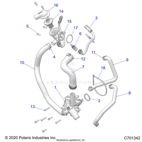 An Image of a Genuine Polaris Parts Schematic Diagram showing the schematic - ENGINE: WATERPUMP AND BYPASS - 2023 POLARIS RZR XP 4 1000 PREMIUM