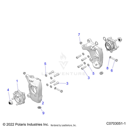 An Image of a Genuine Polaris Parts Schematic Diagram showing the schematic - SUSPENSION: FRONT CARRIER AND HUB - 2024 POLARIS RZR TURBO R SPORT