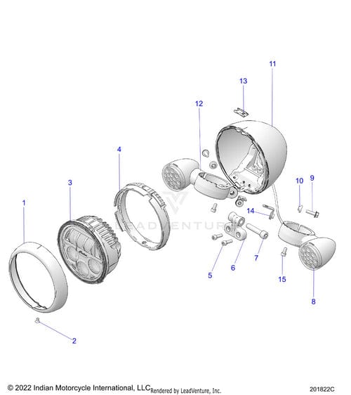Exploded view diagram of a motorcycle headlight assembly highlighting numbered parts—including lens, housing, bulb, Bracket Signal by Polaris, mounting hardware, and electrical connectors.