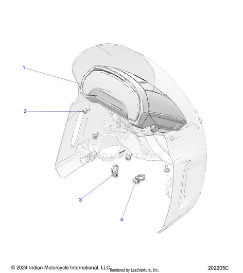 Line drawing of a motorcycle fairing with labeled parts, including the windshield and hardware, shown from a front angle. Features the Polaris Clip Edge 3 6Mm Thickness OEM part for Indian Motorcycle models.