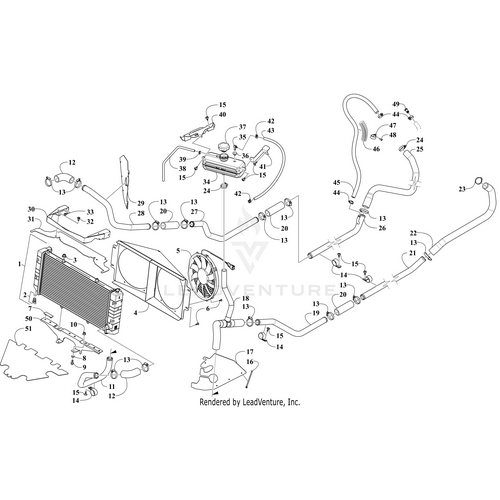 Exploded diagram of an Arctic Cat UTV/ATV cooling system, displaying parts like radiator, hoses, fan, clamps, connectors, and the OEM Overflow Tank (Inc. 35-36) by Arctic Cat—each component labeled with its identification number.