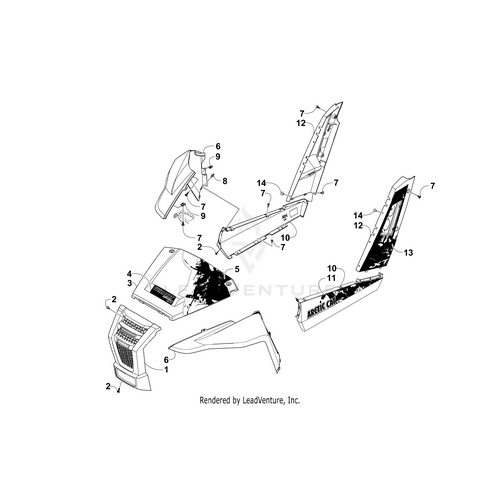 Exploded diagram of a vehicles body panels and covers with labeled parts, including OEM Arctic Cat components like side panels, front cover, and the Decal Panel - Rear Xt - Left by Arctic Cat.