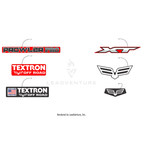 Six unique Textron Off Road and logo designs—including stylized PROWLER PRO, XT, TEXTRON OFF ROAD text, winged emblems, and the Cargo Box Decal Fascia - Red by Arctic Cat—all on white. OEM part from LeadVenture, Inc. Witchdoctors.com noted below.