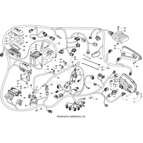 Black and white technical diagram of the Taillight Led-Left (Base) by Arctic Cat for Wildcat, showing numbered connectors, wires, and components—ideal for identifying OEM parts in a detailed line drawing.