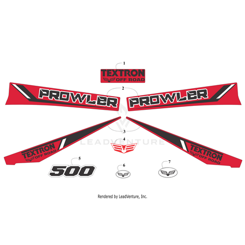 A set of TEXTRON OFF ROAD, PROWLER, 500, and wing logo decals in red, black, and white—ideal for customizing your vehicle with the Decal Textron Off Road by Arctic Cat.
