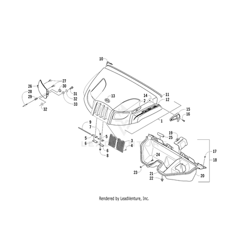Exploded diagram with numbered parts of a vehicle’s front hood assembly, featuring hood, headlights, grille, brackets, fasteners, and OEM Arctic Cat parts like the Hood Decal - Prowler Xt - Left by Arctic Cat—each component clearly labeled for reference.