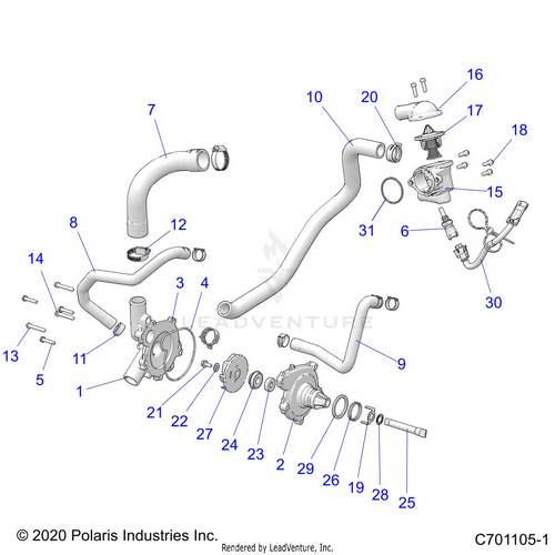 An Image of a Genuine Polaris Parts Schematic Diagram showing the schematic - ENGINE: WATERPUMP AND BYPASS - 2021 POLARIS RZR S 4 1000