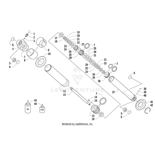 Exploded diagram of a shock absorber assembly with components—springs, seals, spacers, cylinder, rod, and fluid/oil bottles—numbered and labeled. Highlights the Bearing by Arctic Cat among other OEM Arctic Cat parts for easy identification.