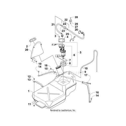 Exploded diagram of a fuel tank assembly with numbered parts—tank, hoses, clamps, pump, connectors, and the Bracket Fuel Hose by Arctic Cat—perfect for identifying Arctic Cat ATV components displayed separately for clarity.