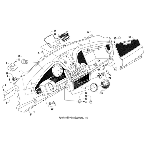 Exploded technical diagram of an Arctic Cat UTV dashboard assembly with numbered parts, showing switches, vents, dials, panels, electronic components, and the OEM Gauge Ps-Iso (Inc. 28) by Arctic Cat clearly labeled for easy identification.
