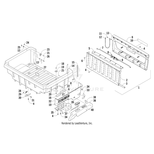 Exploded technical diagram of Box Panel - Left Camo by Arctic Cat, with numbered parts, bolts, and brackets—perfect for identifying OEM components or choosing UTV/ATV accessories for precise assembly reference.