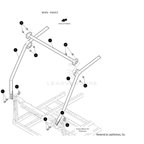 Line drawing of an Arctic Cat UTV’s front ROPS assembly, highlighting labeled attachment points, bolts, and the Rops Side Long Left Black-Weld by Arctic Cat—perfect for referencing or sourcing OEM parts.