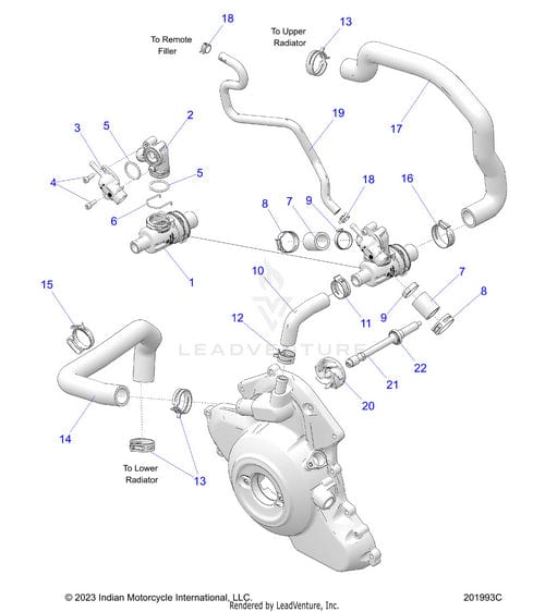 Exploded diagram of a motorcycle cooling system featuring the Polaris Clip Thermostat Housing. Includes labeled parts such as hoses, clamps, connectors, and main pump. All components are factory-direct and numbered for precise assembly or repair.