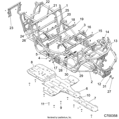 An Image of a Genuine Polaris Parts Schematic Diagram showing the schematic - CHASSIS: MAIN FRAME AND SKID PLATES - 2021 POLARIS RZR TURBO S 4