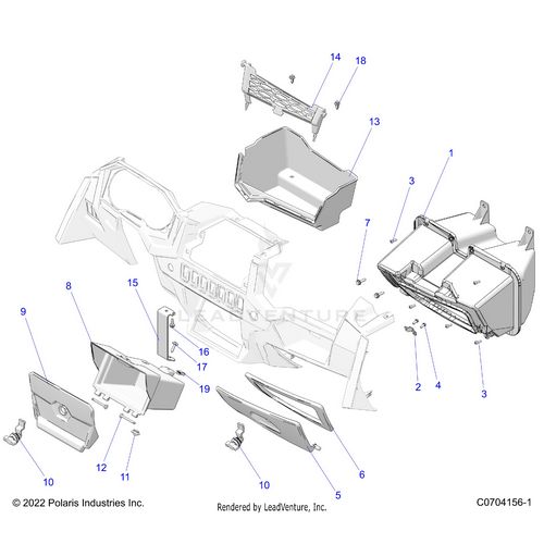 An Image of a Genuine Polaris Parts Schematic Diagram showing the schematic - BODY: DASH STORAGE - 2023 POLARIS RZR XP 4 1000 PREMIUM RIDE COMMAND