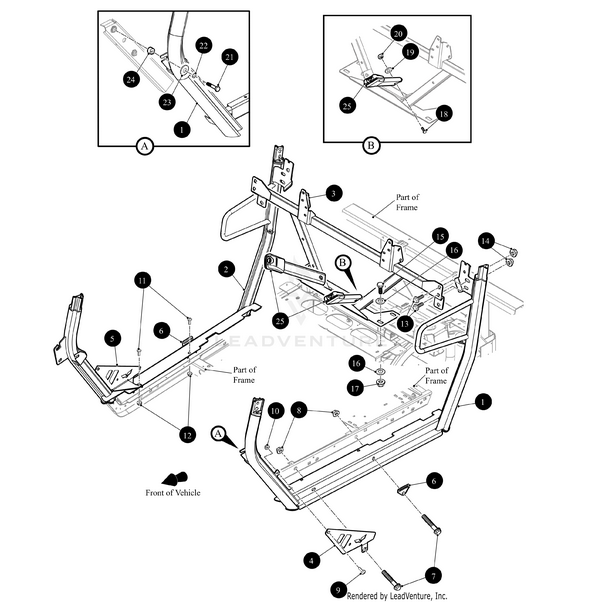 Exploded diagram of the OPS Lower Weld-Right by Arctic Cat displays labeled frame components, bolts, and mounting points with callouts and arrows for assembly order and front orientation. Includes inset close-up of a bracket area.