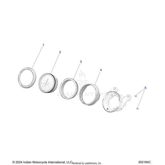 A technical diagram displays five numbered Indian Motorcycle engine parts in sequence, each OEM part—like the Speedo Pgm Ind 500K Black V3.0 | [Incl. 3] by Polaris—separated and individually labeled.