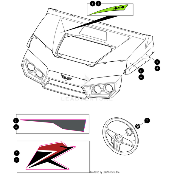 Line drawing of a vehicle dashboard and hood with numbered decals, featuring a green 4x4, stylized red R, Cowl Side Decal Wht Right by Arctic Cat, an angular gray stripe, and a round steering wheel emblem.