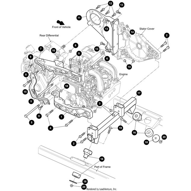 Exploded engine assembly diagram highlights labeled parts such as the rear differential, frame, support arms, stator cover, and the Arctic Cat Hex Flange Bolt M10 X 1.5 X 180 Pc10.9—helpful for identifying OEM Arctic Cat parts with numbered components.