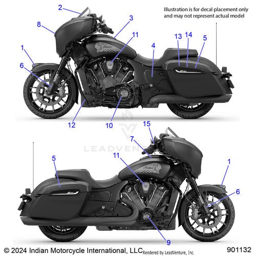 Two side-view illustrations of a black motorcycle label parts like wheels, engine, seat, decals, and Cover Outer Primary Cap Dh by Polaris. Note: illustration for decal placement only; may show OEM parts not on the actual model.