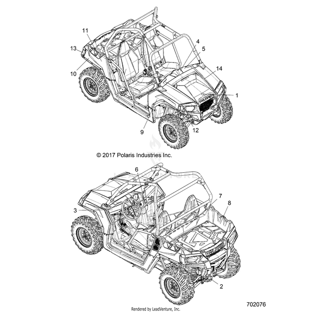 An Image of a Genuine Polaris Parts Schematic Diagram showing the schematic - BODY: DECALS - 2018 POLARIS RZR 570 EPS