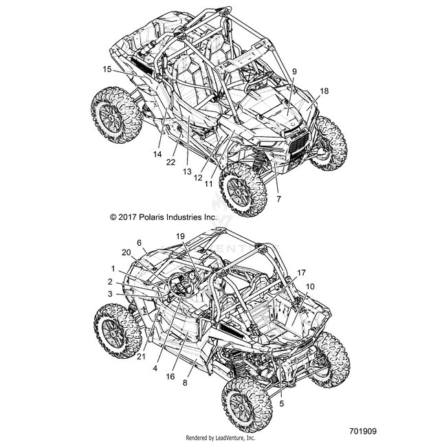 An Image of a Genuine Polaris Parts Schematic Diagram showing the schematic - BODY: DECALS - 2018 POLARIS RZR XP TURBO