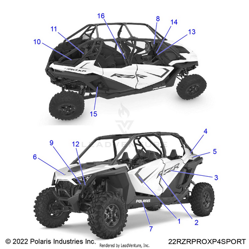 An Image of a Genuine Polaris Parts Schematic Diagram showing the schematic - BODY: DECALS - 2022 POLARIS RZR PRO XP 4 SPORT