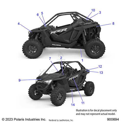 An Image of a Genuine Polaris Parts Schematic Diagram showing the schematic - BODY: DECALS - 2024 POLARIS RZR PRO XP ULTIMATE