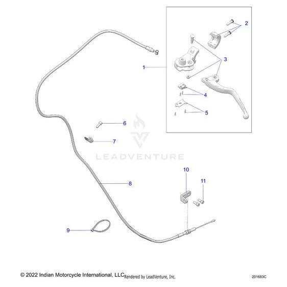 A labeled diagram displays the components of a motorcycle clutch lever assembly, highlighting the Lever Asm Chrome [Incl. Lever Rod Nut] by Polaris and numbered Polaris OEM parts for easy identification.