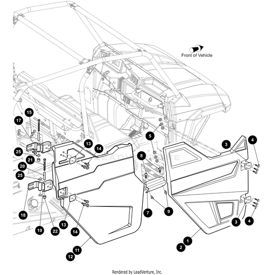 Black and white technical diagram of Door Plastic Rear Right by Arctic Cat with numbered parts labeled for assembly, including handles and hardware, “Front of Vehicle” indicator, and details for OEM Arctic Cat parts identification.